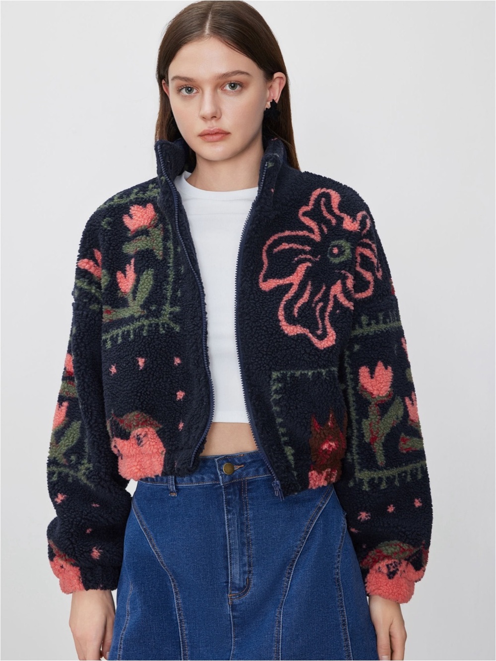 Cider Funnel Neck Graphic Print Sherpa Fleece Jacket Size S in Navy